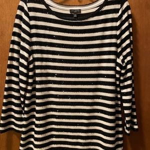 Talbots Cream and Black Stripped Top with Sequins